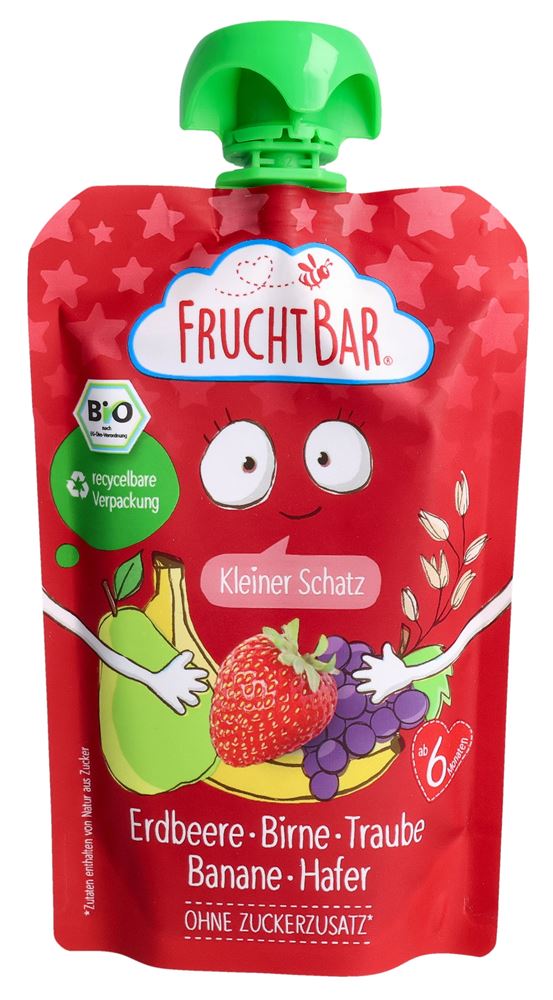 FRUCHTBAR Fruchtpüree<br>100 g, Beutel, Bio Erdbeere Birne Traube Banane Hafer Kleiner Schatz