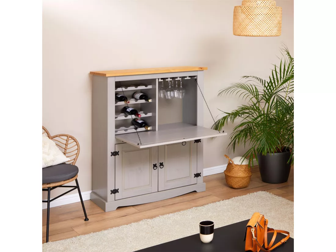 Meuble bar à vin TEQUILA armoire comptoir avec range bouteilles et range verres, bahut de style mexicain en pin massif gris/brun
