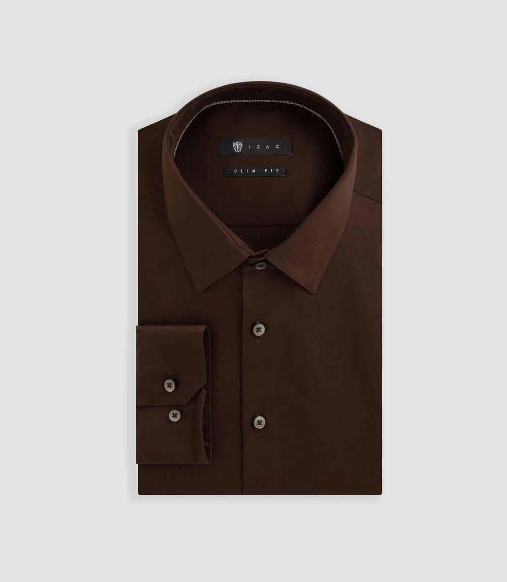 Chemise satin slim marron 