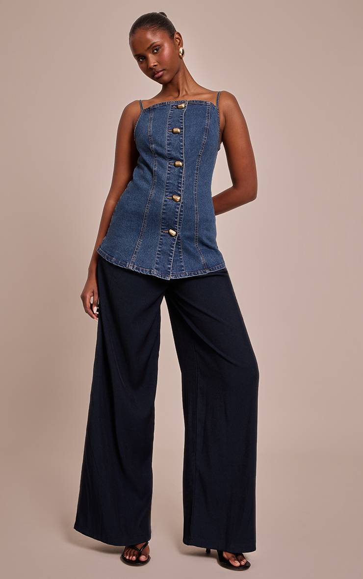 Bleu Foncé Top Caraco En Denim À Détails De Coutures Et Boutons Dorés