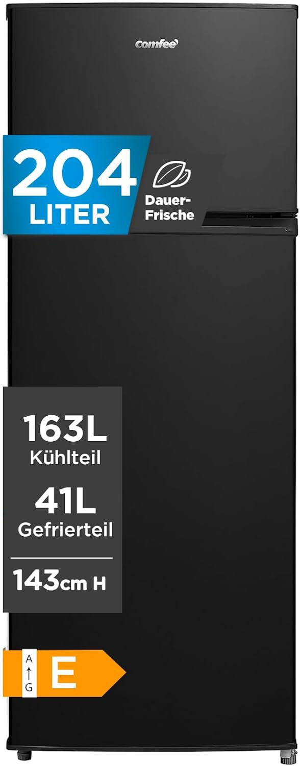 Comfee RCT284DK2A Kühl-/Gefrierkombination/Gefrierteil oben/176 kWh/Jahr/143cm Höhe/LED Licht/Reversibles Türscharnier/Schwarz