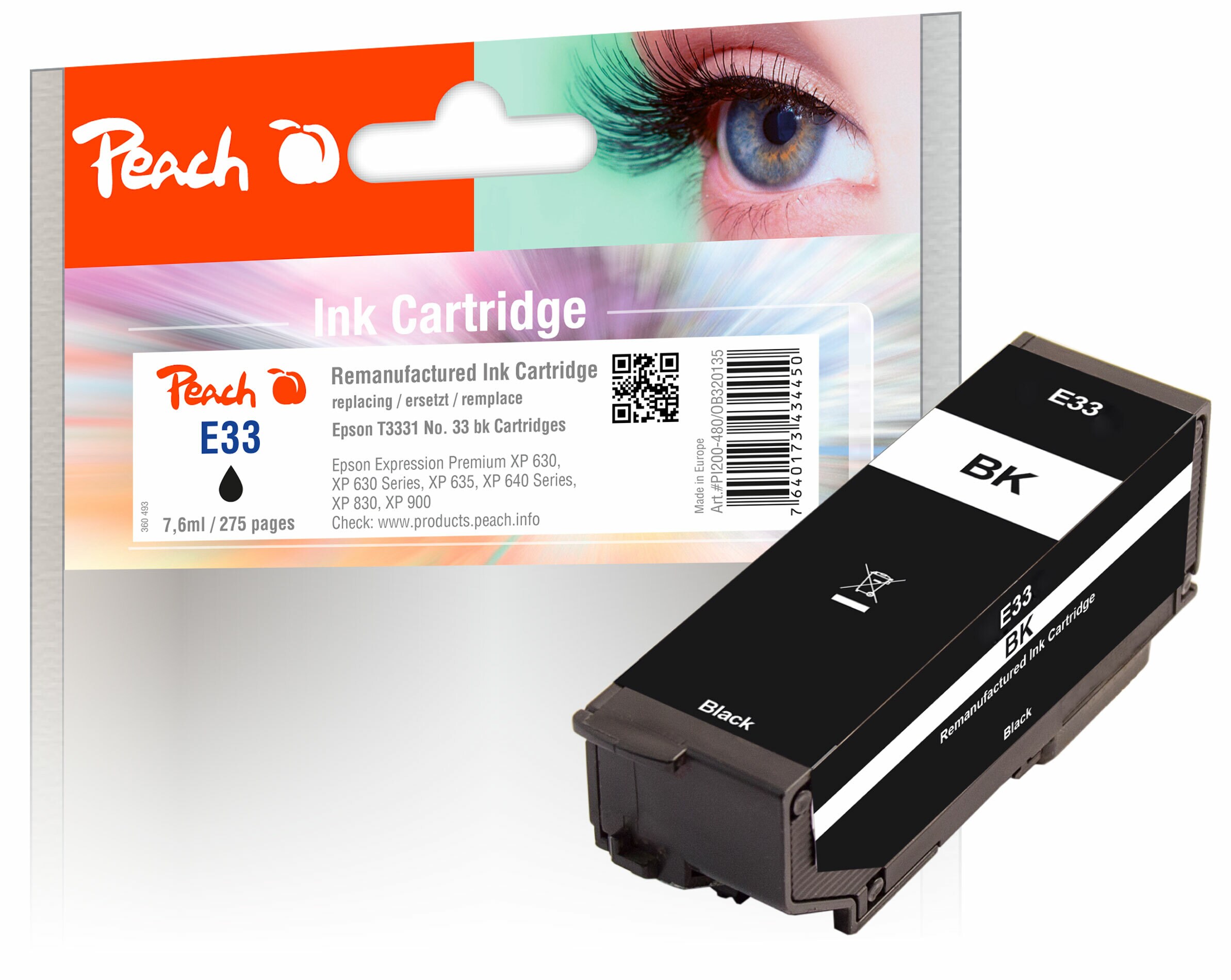 Peach E33Druckerpatrone bk ersetzt Epson T3331, No. 33 bk, C13T33314010 für z.B. Epson Expression Premium XP -530, Epson Expression Premium XP -630 (wiederaufbereitet)