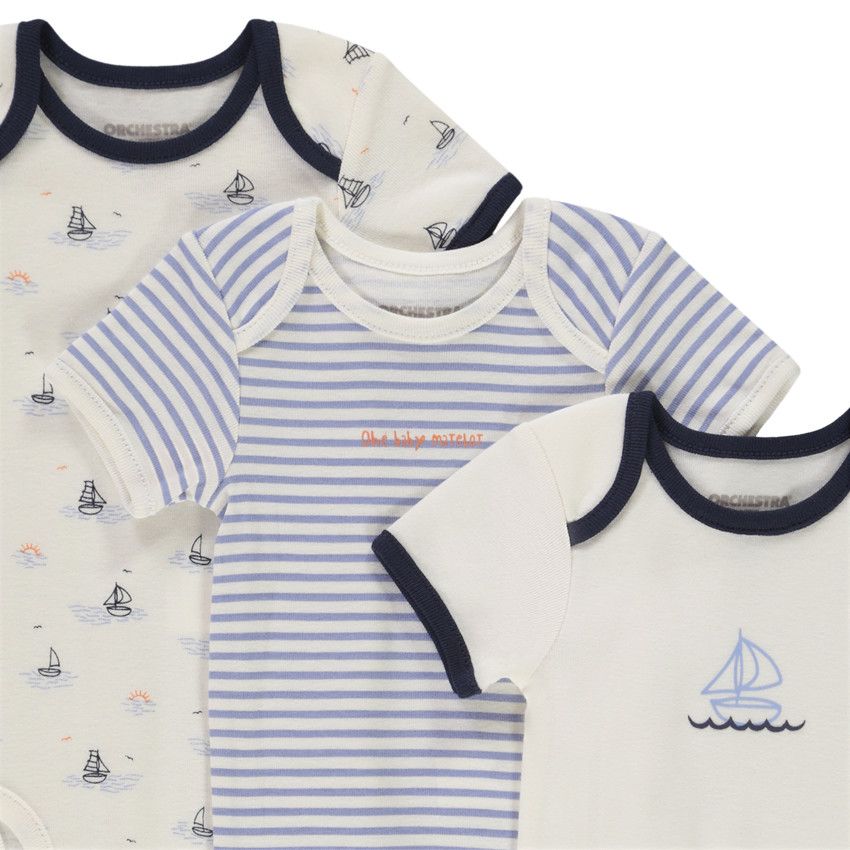 Lot de 3 bodies manches courtes motifs Voiliers pour bébé garçon - Ecru