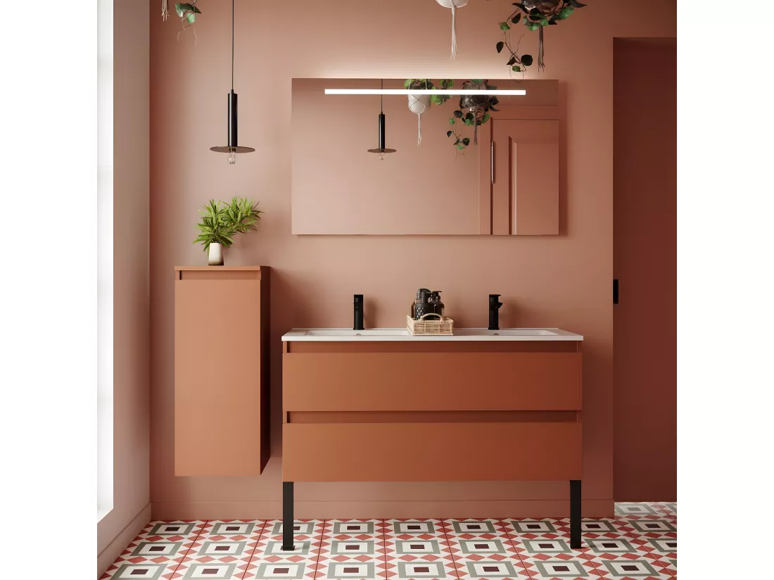 Meuble de salle de bain suspendu double vasque intégrée 120cm 2 tiroirs Terracotta - Hudson