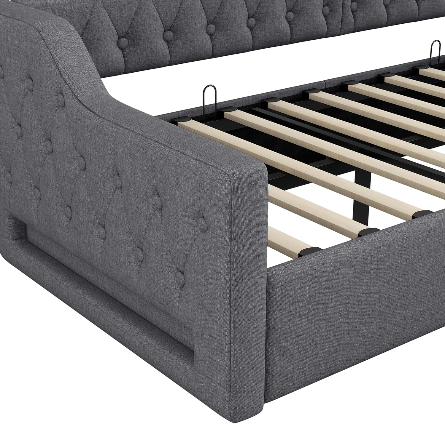 Polsterbett Schlafsofa 90x200 cm, Tagesbett Sofabett mit LED-Gürtel, Stauraumbett mit Hydraulischer Stauraum, Lattenrost aus Holz, MDF+Sperrholz+Leinen, Ohne Matratze, Grau