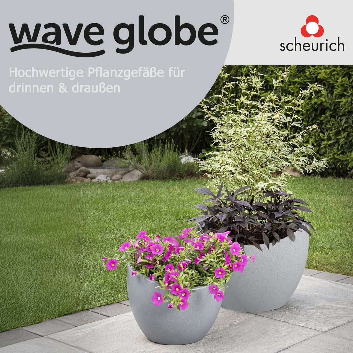 Scheurich Wave Globe 40, plantenbak/bloempot, rond, gemaakt van kunststof, kleur: Stony Grey, diameter 39,5 cm, hoogte 29,3 cm, inhoud 19 l.