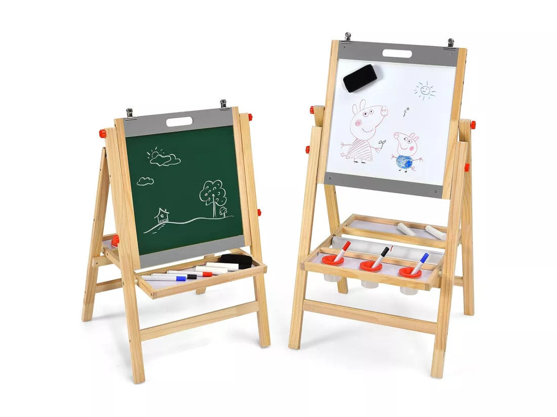 Chevalet d’Art 3-en-1 pour Enfants de 3+Ans avec Hauteur Réglable sur 5 Positions, Plateau de Rangement et Tableau à 2 Faces