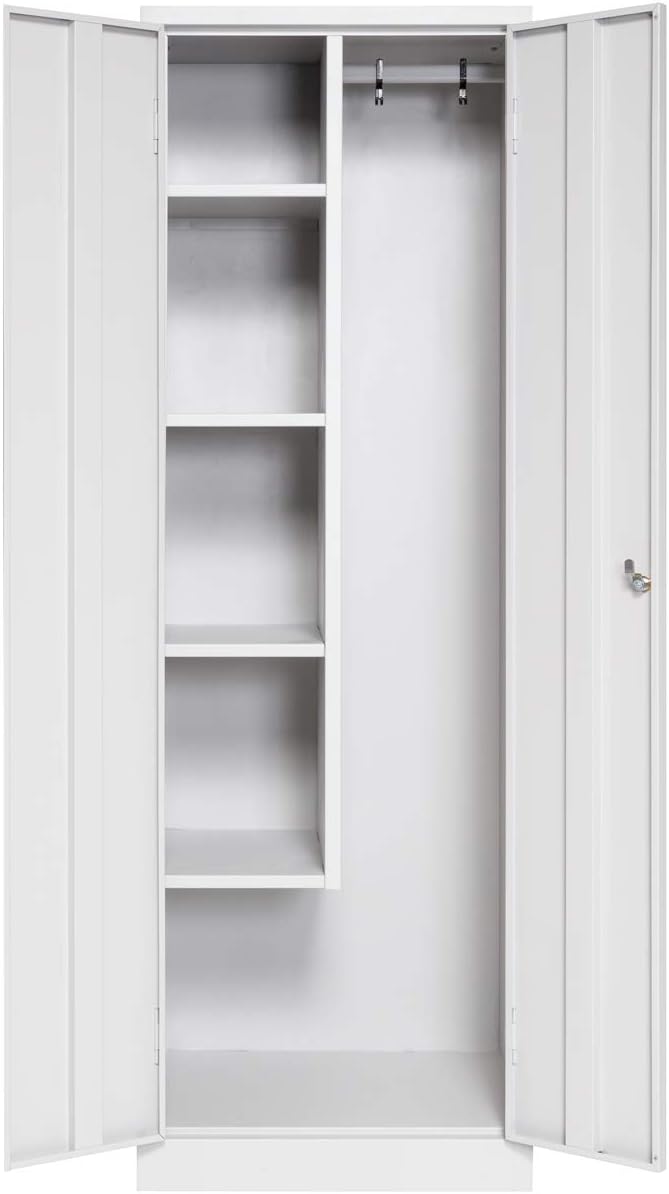 furni24 TÜV/GS - Metall Putzmittelschrank – Wäsche Schrank aus Stahl mit Türen, Garderobenstange, große Fächer, Hutablage, fertig montiert - Grau, XXL 60 x 50 x 180 cm