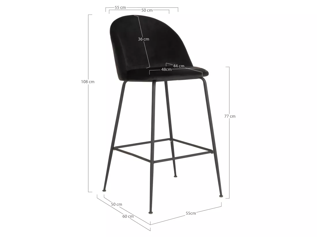 Lausanne - Lot de 2 chaises de bar en velours et métal H77cm - Noir