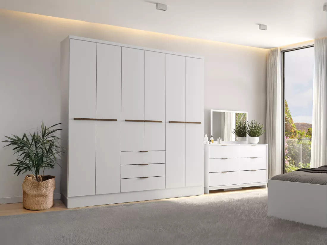 Armoire 6 portes et 3 tiroirs - L180 cm - Blanc - PEROLI