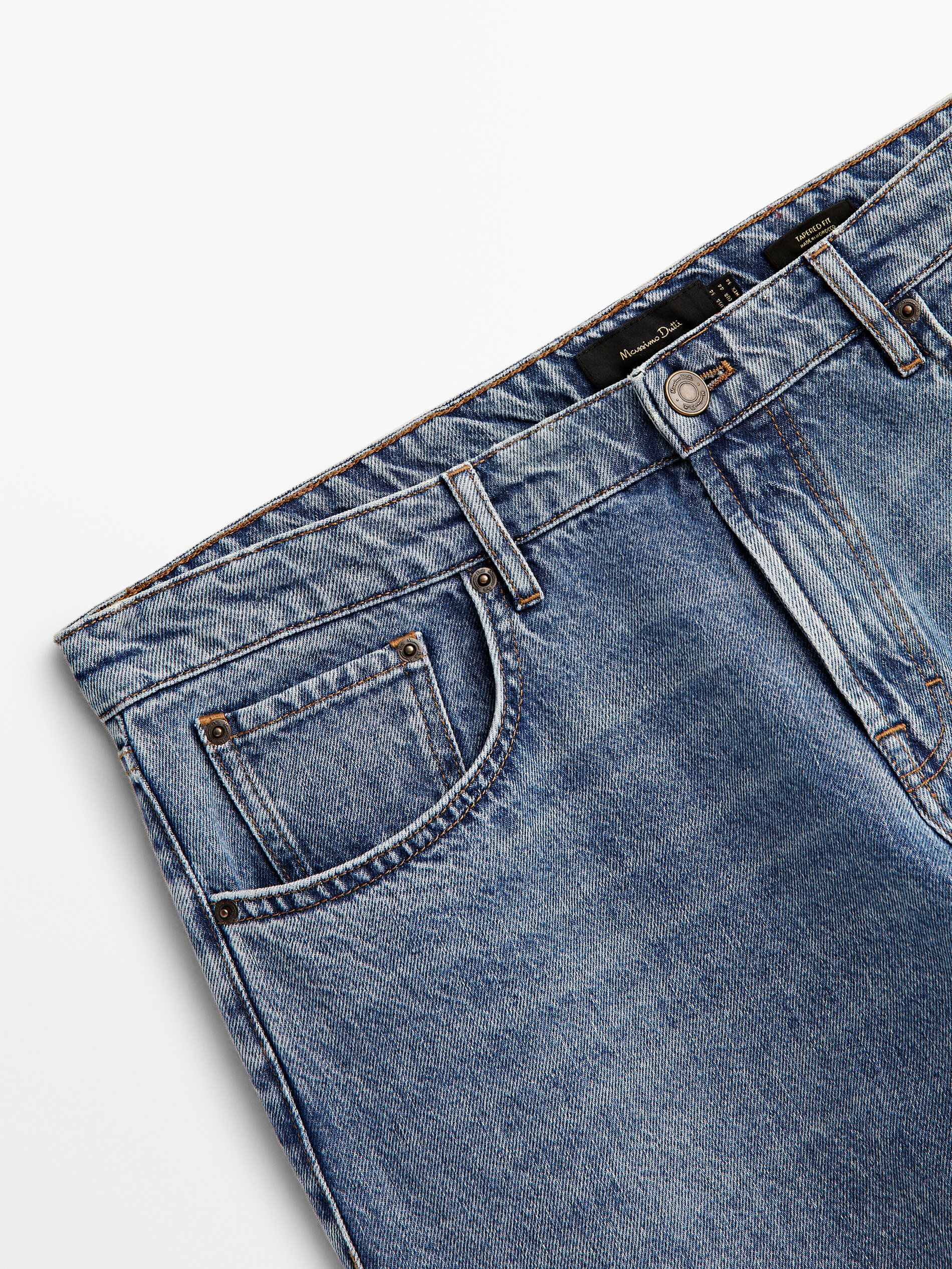 Calça vaquero mid stone wash tapered fit - INDIGO