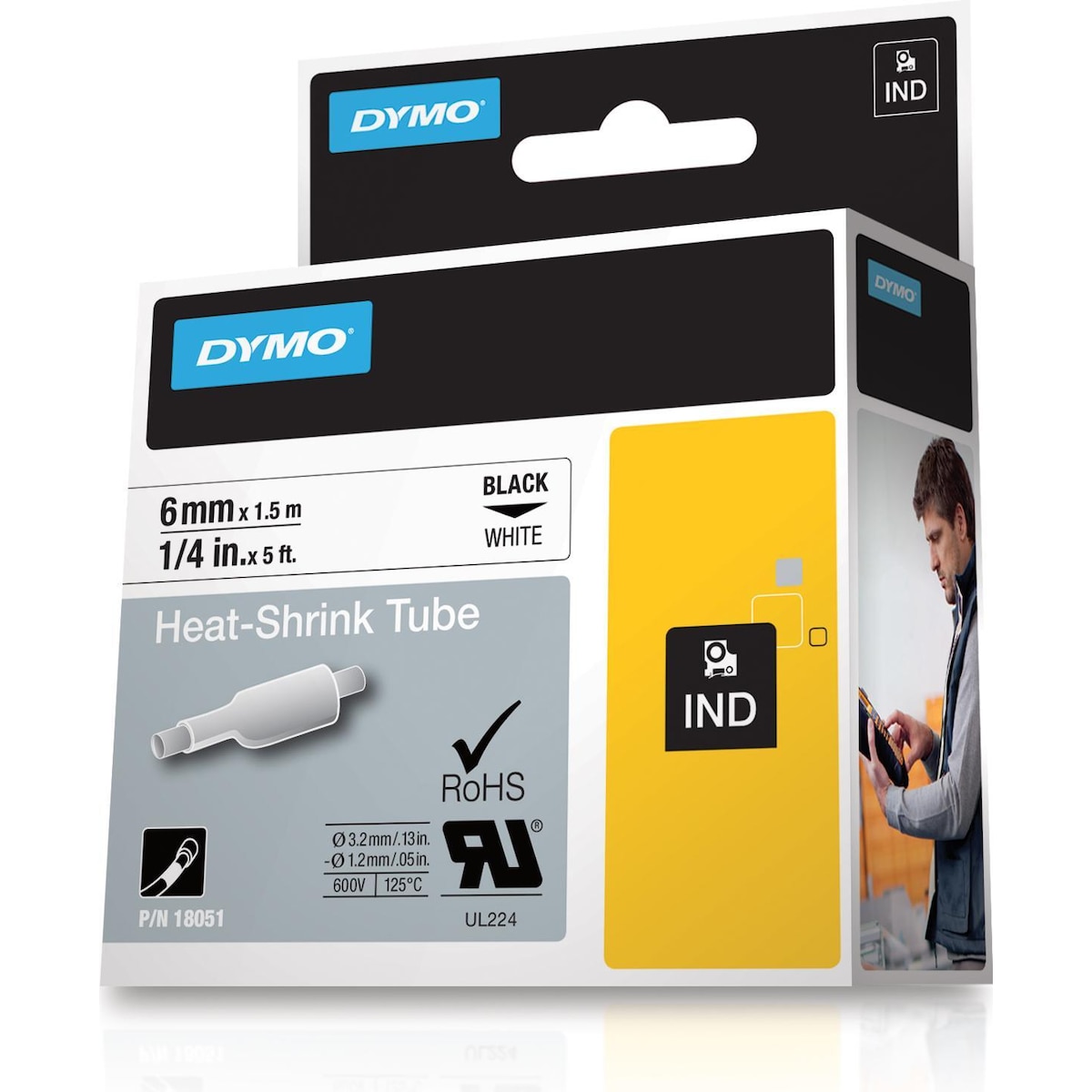 DYMO RhinoPRO merkbar krympeslange 6 mm, svart på hvit, 1,5 m rulle