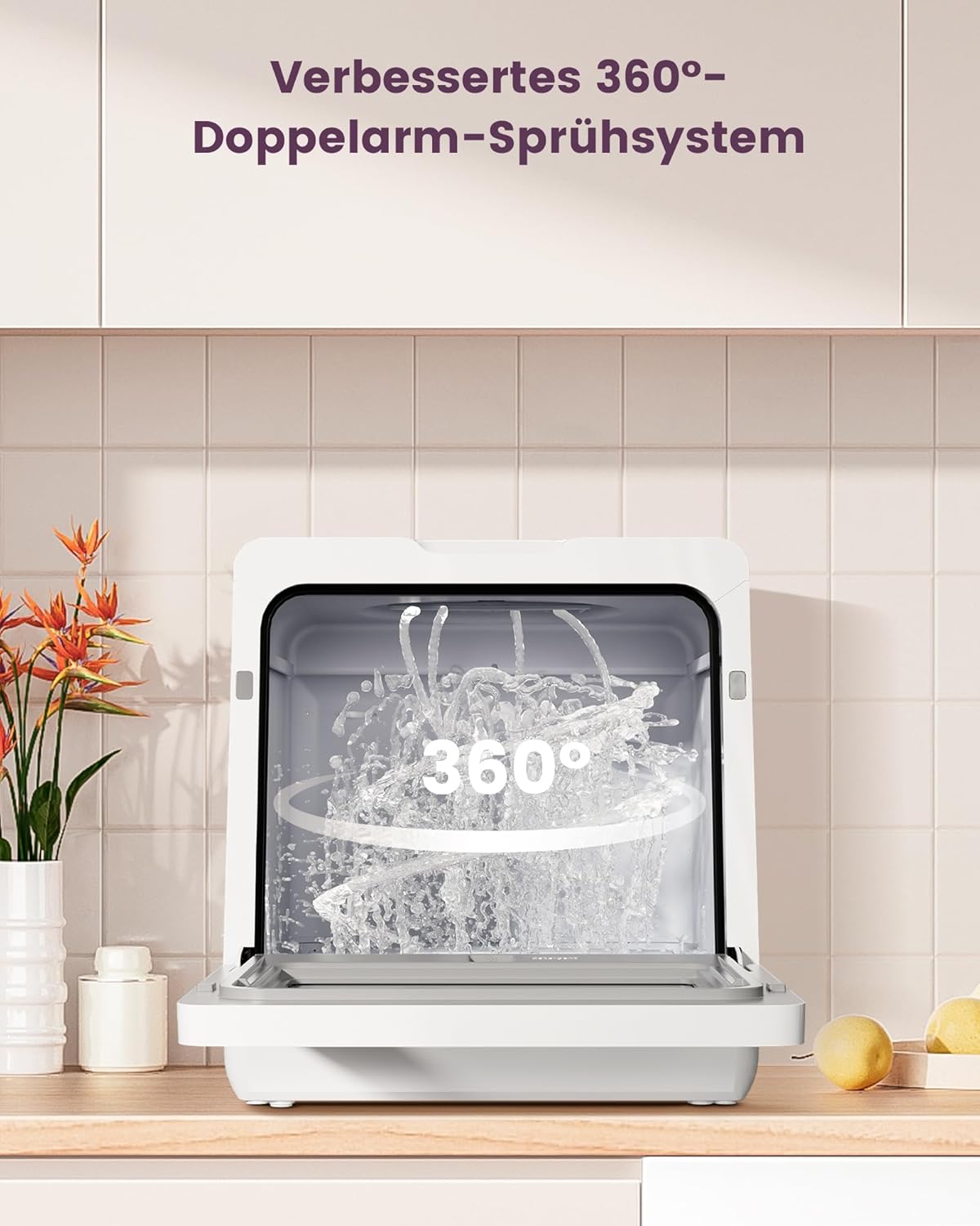 HAVA Tischgeschirrspüler mit Wasserenthärter und erhöhter Energieeffizienz, Spülmaschine mit 8 Programmen, Kindersicherung & verzögerter Start, keine Installation erforderlich - Zarter Flieder