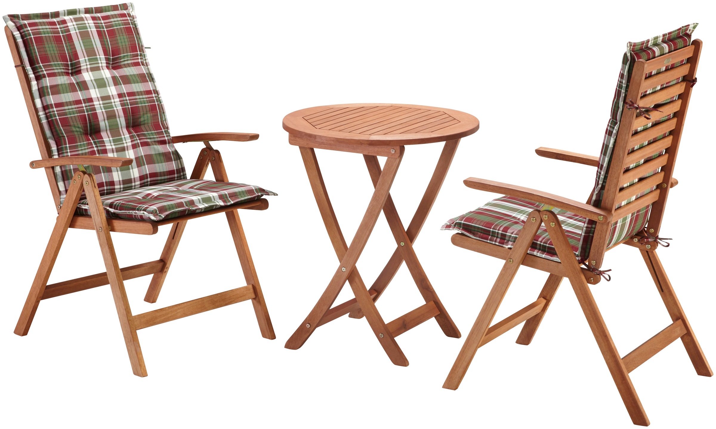 MERXX Balkonset »Borkum, TOPSELLER!« 2x Klappsessel, inkl. Sitz- und Rückenkissen, 1x Klapptisch Ø 65 cm, 5 Stk. tlg. Eukalyptusholz, FSC® Mix, geeignet für 2 Personen