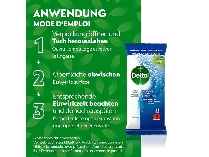 Dettol Allzweck-Reinigungstücher Ozeanfrische 60 Stück Antibakterieller Oberflächenreiniger mit Ozean-Duft
