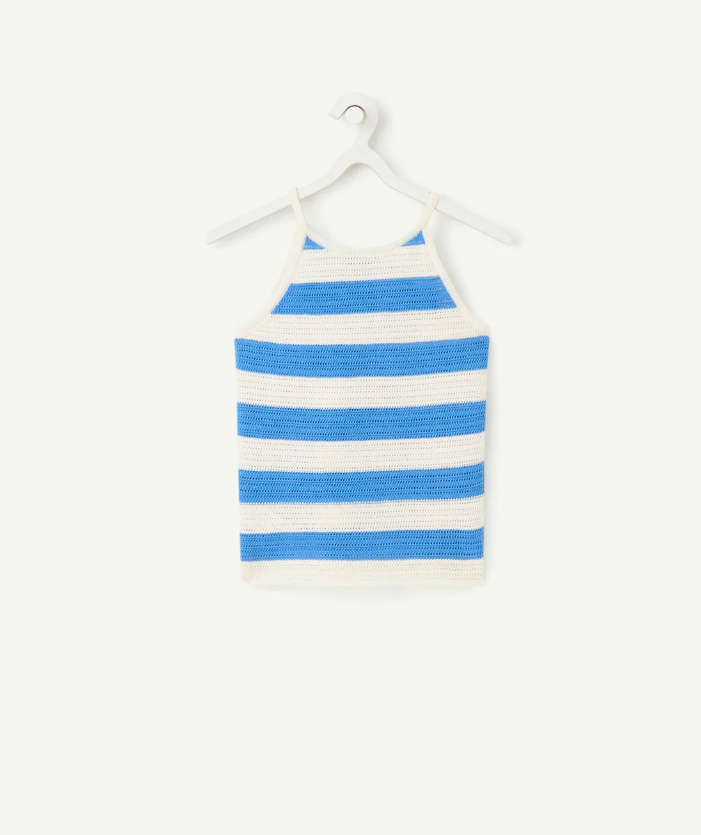 débardeur tricot fille en coton bio rayé bleu et blanc