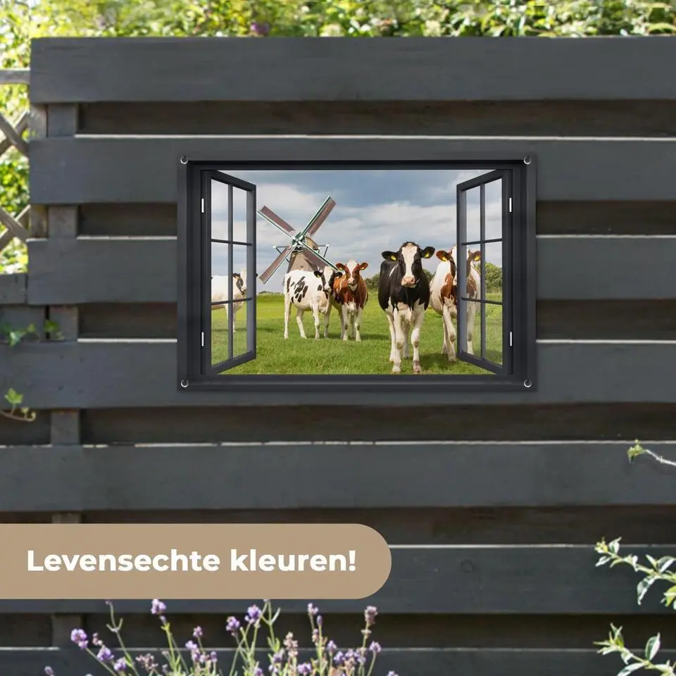 MuchoWow Tuinposter 90x60cm Doorkijk Koe Molen Koeien