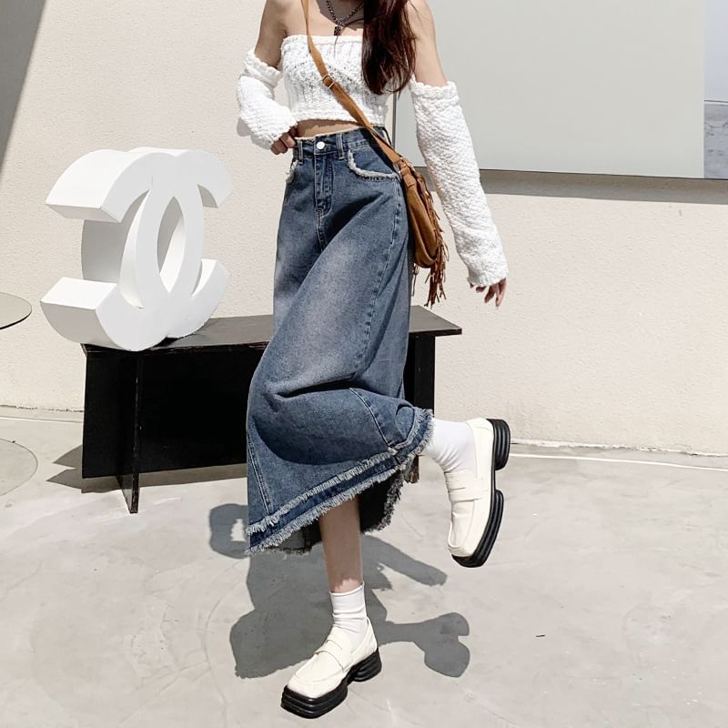 Baoinie - Midi-A-lijn denim rok met hoge taille en franjes