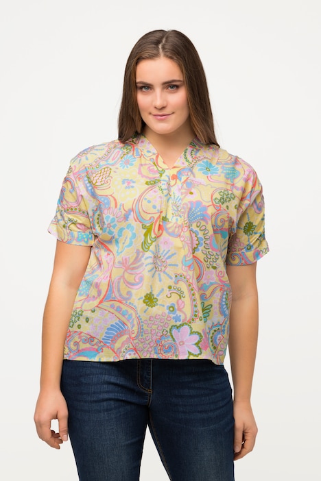 Bluse, floraler Druck, Oversized, V-Ausschnitt, Halbarm
