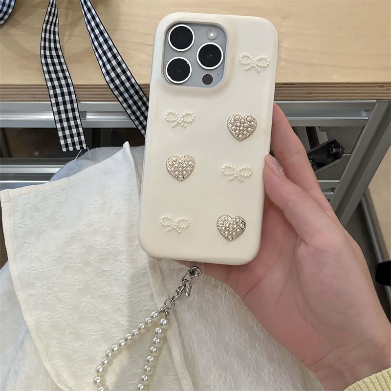 Fonekase - Kunstparel Strik Hart Telefoonhoesje / Charm / Set - iPhone 16 Pro Max / 16 Pro / 16 Plus / 16 / 15 Pro Max / 15 Pro / 15 Plus / 15 / 14 Pro Max / 14 Pro / 14 Plus / 14 / 13 Pro Max / 13 Pro / 13 / 13 Mini