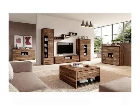 Vitrine haute design avec 1 porte, 1 tiroir et 4 niches apparentes collection SILVA coloris chêne et gris