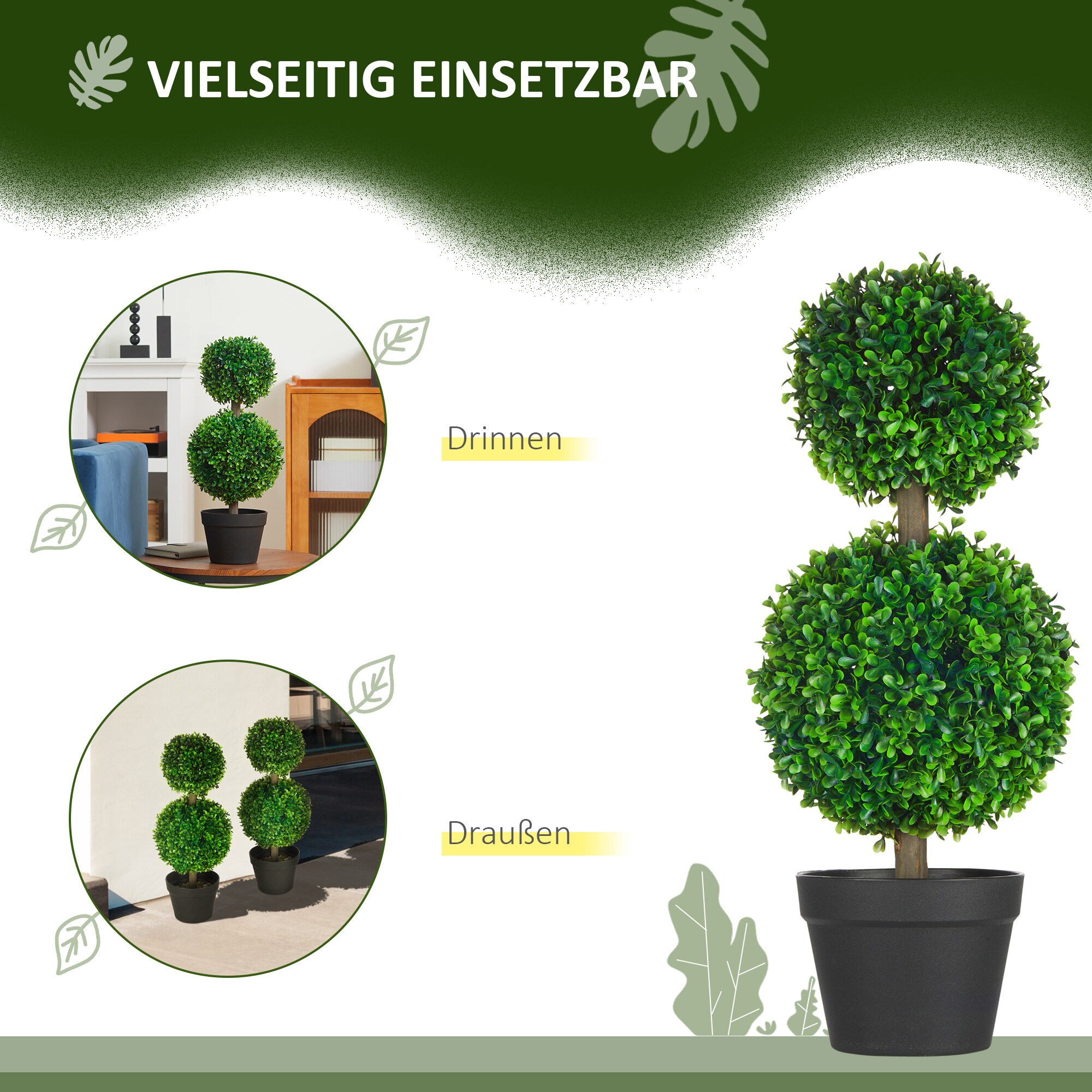 HOMCOM Kunstpflanze mit Doppel-Kugel grün 17L x 17B x 60H cm