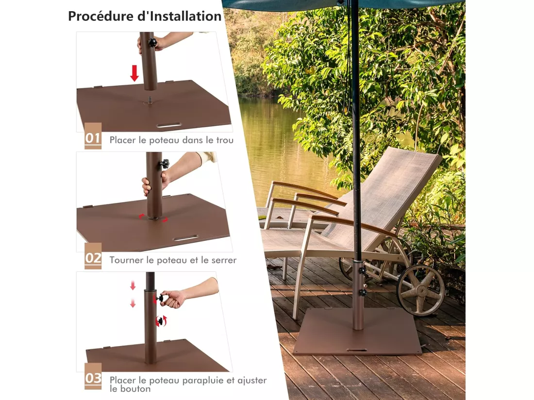 Pied de Parasol Carré de 60 CM, Base de Parasol 22,5 KG, Support de Parasol avec Adaptateurs 4/5cm et 2 Boutons de Serrage, 2 Roues Intégrées, Poignée de Transport, pour Patio, Jardin, Piscine