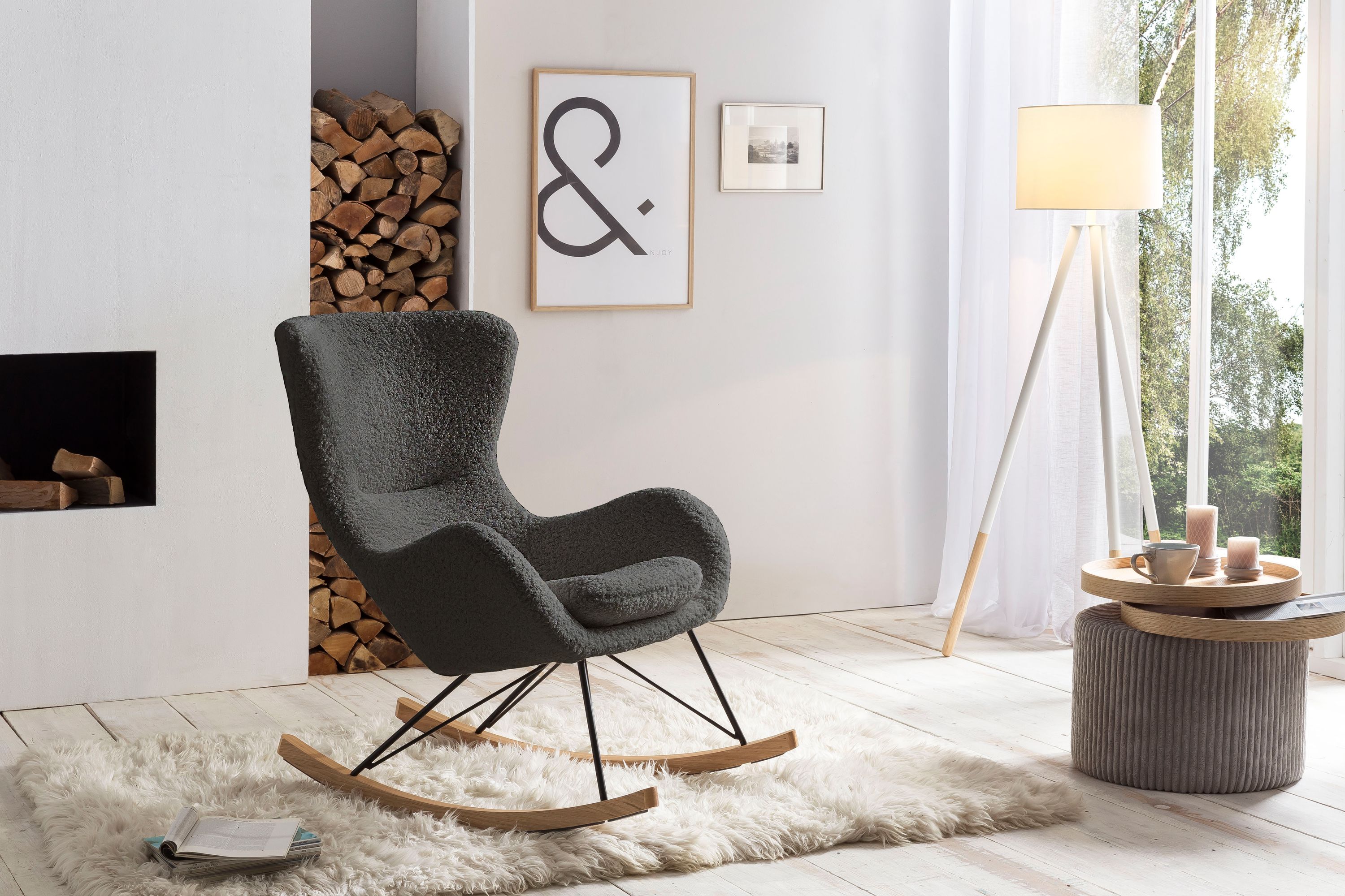 Schaukelstuhl Teddyfell Dunkelgrau Relaxsessel Polstersessel Loungesessel