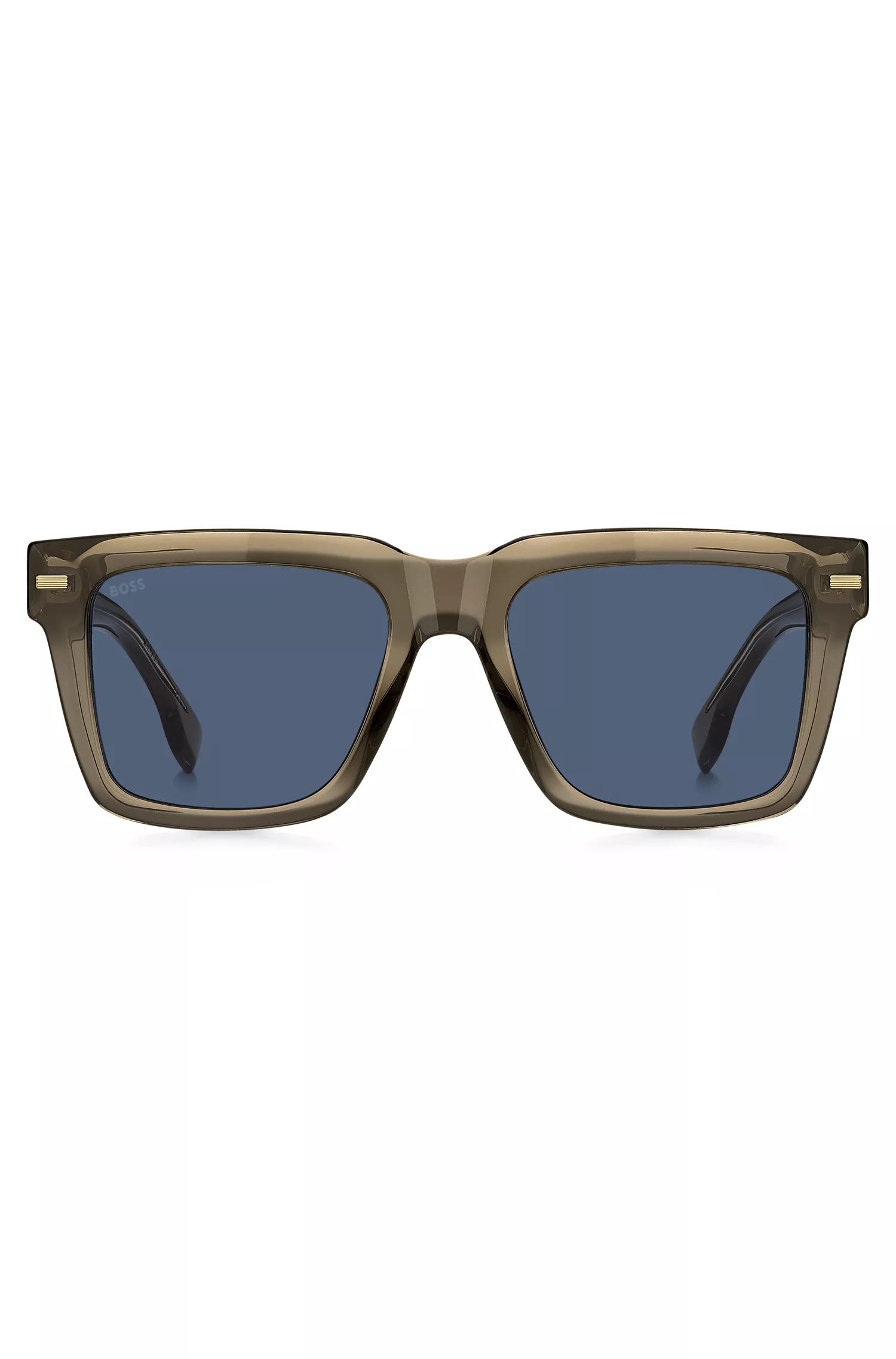 Óculos de sol BOSS em bioacetato preto e marrom com rebites estampados.