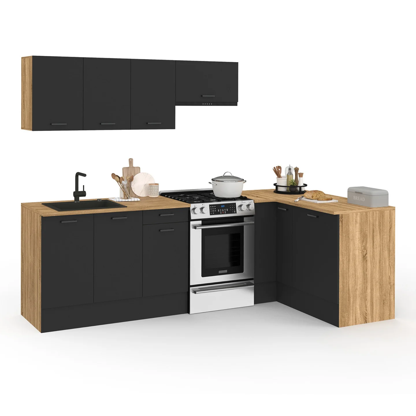 Cuisine complète d'angle 400 CM SUBTIL avec plan de travail 7 élements bois et noir