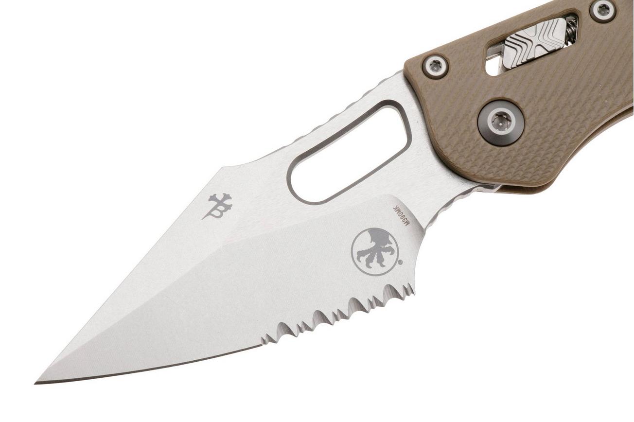 Microtech Stitch 169RL-11FLGTTA, Stonewashed M390MK, Fluted Tan G10, partial serrated zakmes, Borka Blades design