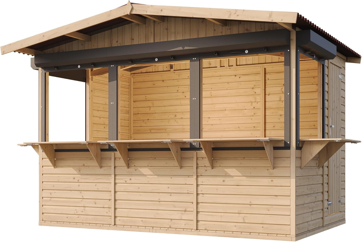 TIMBELA M150BZ Holz Gartenhaus, Marktbude Holz, Qualitäts Schiffslatten Kiefern Fichte Verkaufsstand Holzhaus mit Theke 26 x336 cm/6m², große multifunktionale Garten-Bar Verkaufshütte Verkaufsstände