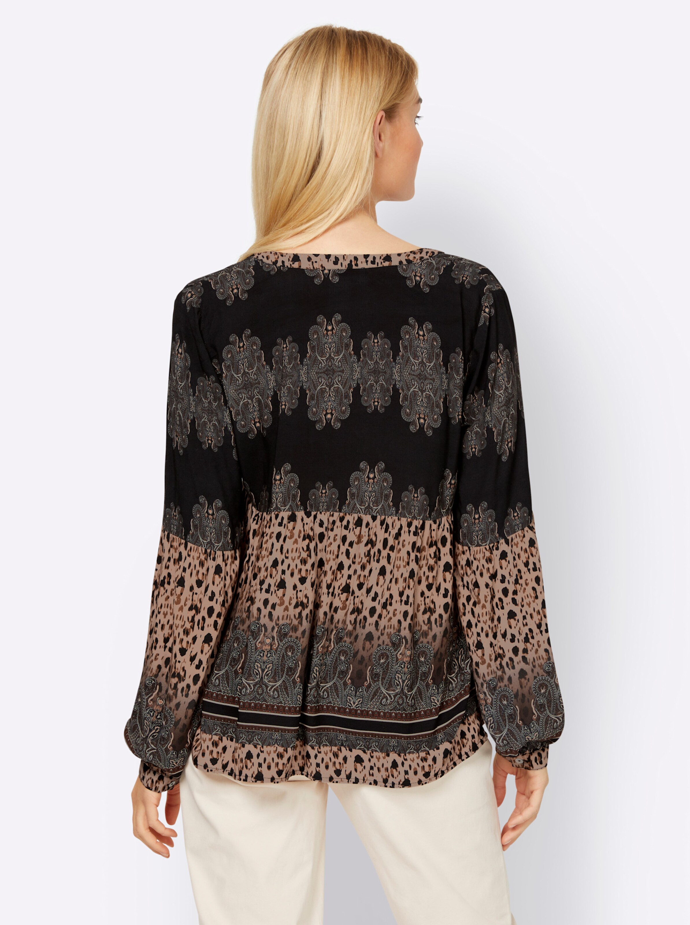 heine Druckbluse in schwarz-camel-bedruckt