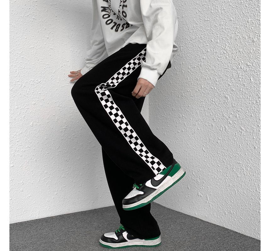 Maisee - Hoge taille checkerboard paneel losse pasvorm joggingbroek