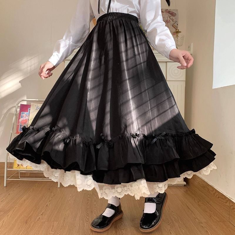 Sisyphi - Midi-lijn rok met elastische taille, strik en kanten rand