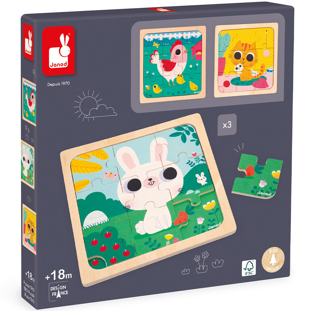 Janod puzzel kip, kat en konijn - 3x9st