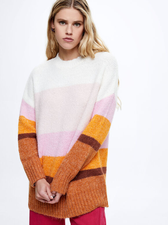 Suéter de lã com blocos de cores - Branco-sujo