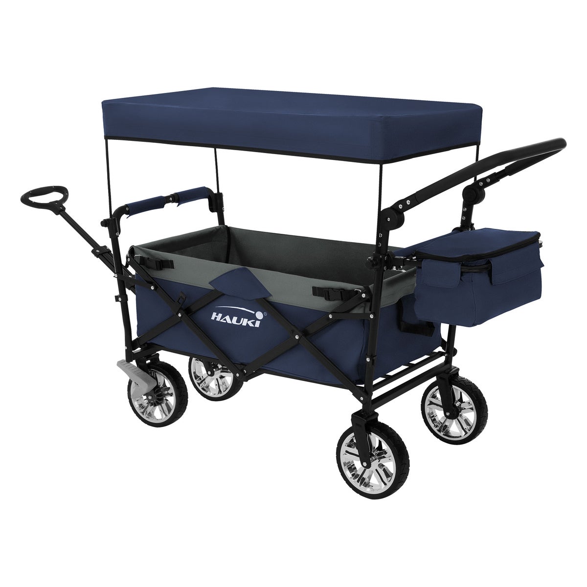 Hauki XXL opvouwbare bolderkar met luifel en tas, blauwgrijs, opvouwbare bolderkar voor duwen en trekken, transportkar voor kinderen, 360° draaibare voorwielen, PU-wielen met remmen, draagvermogen 120 kg