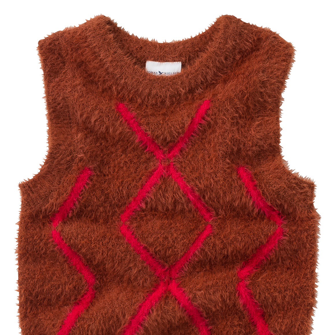 Jonas Nielsen Mädchen Pullunder aus Featheryarn braun / pinkrot