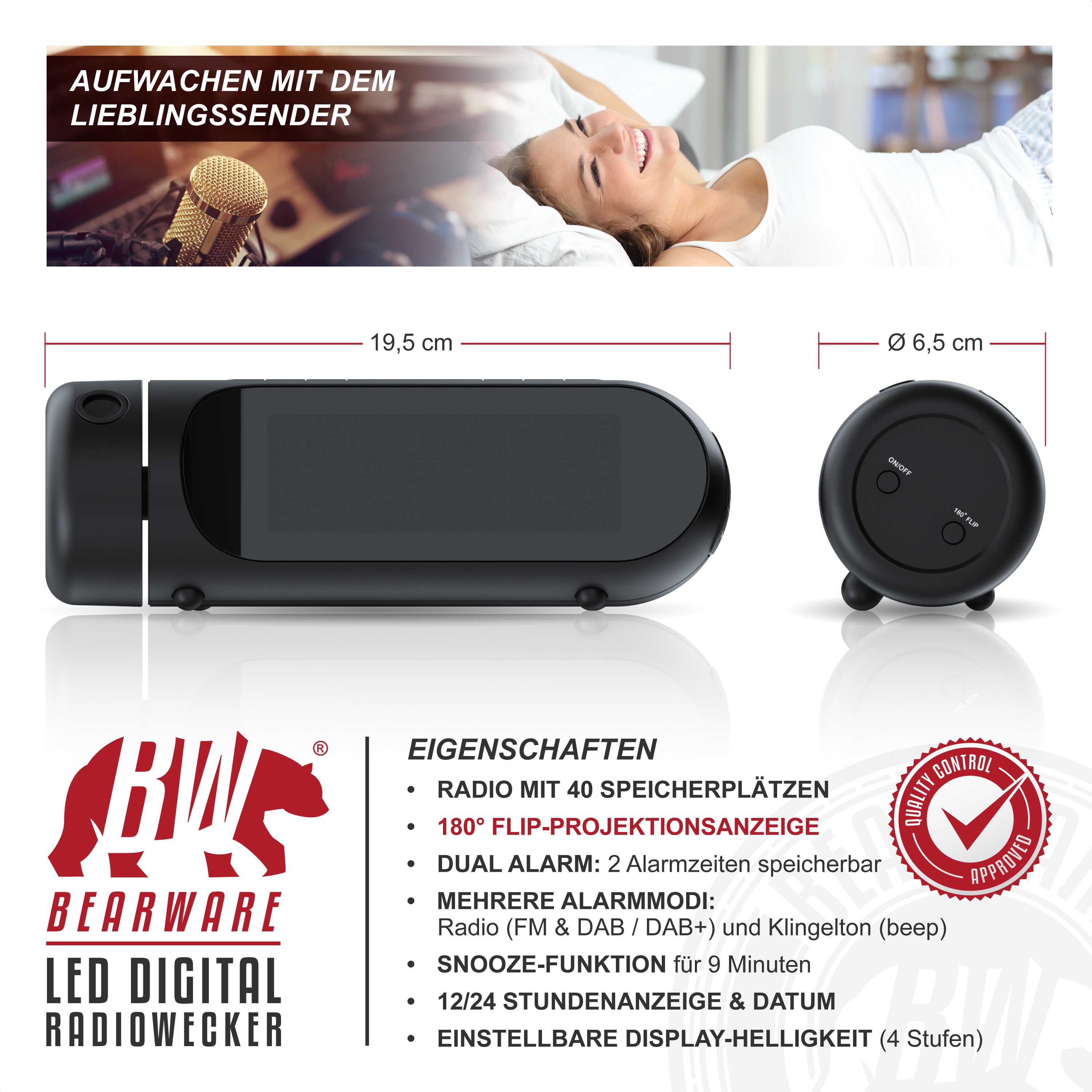 BEARWARE DAB+ Radiowecker mit Projektion - Küchenradio digital - FM und DAB/DAB + Radio mit je 20 Speicherplätzen - 16 Lautstärkestufen - Wecker