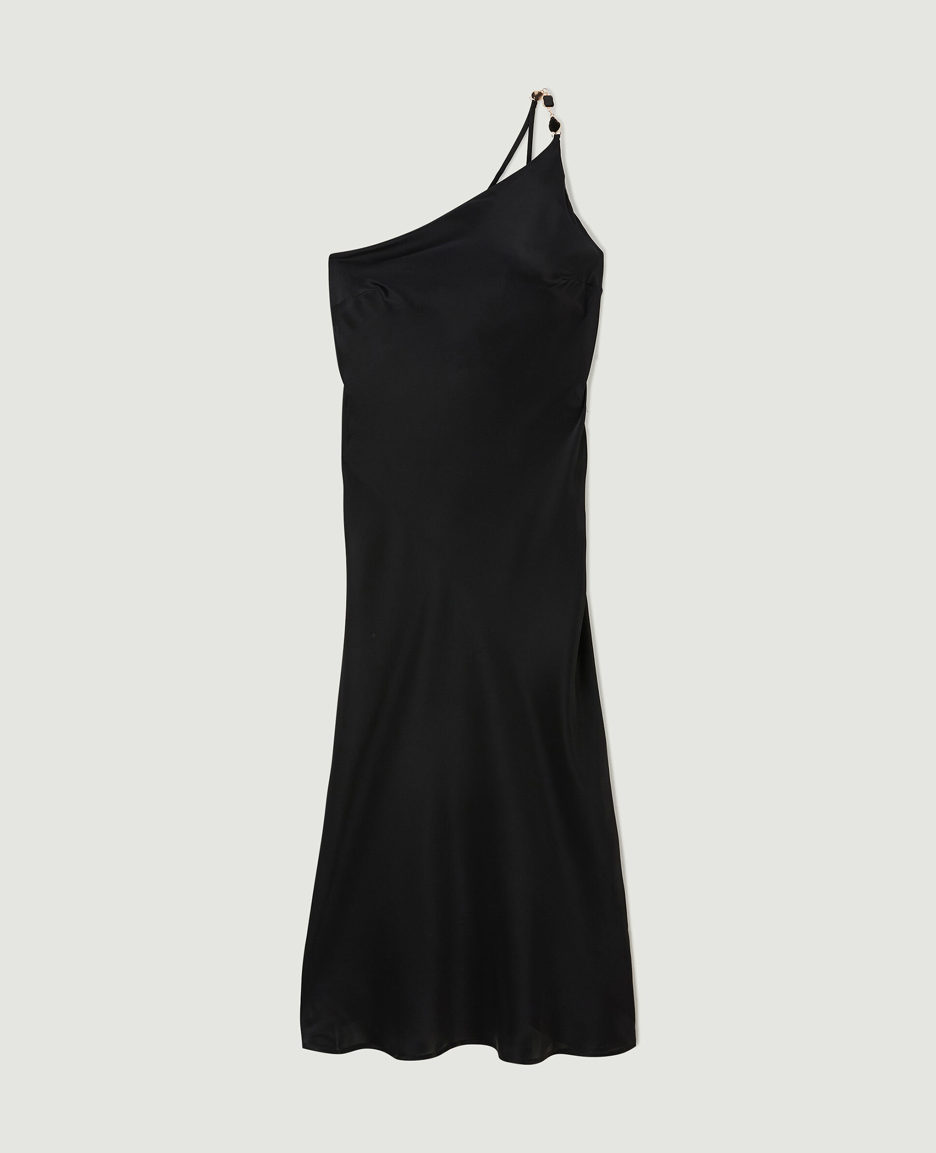 Robe asymétrique satinée avec bretelle bijou - Noir