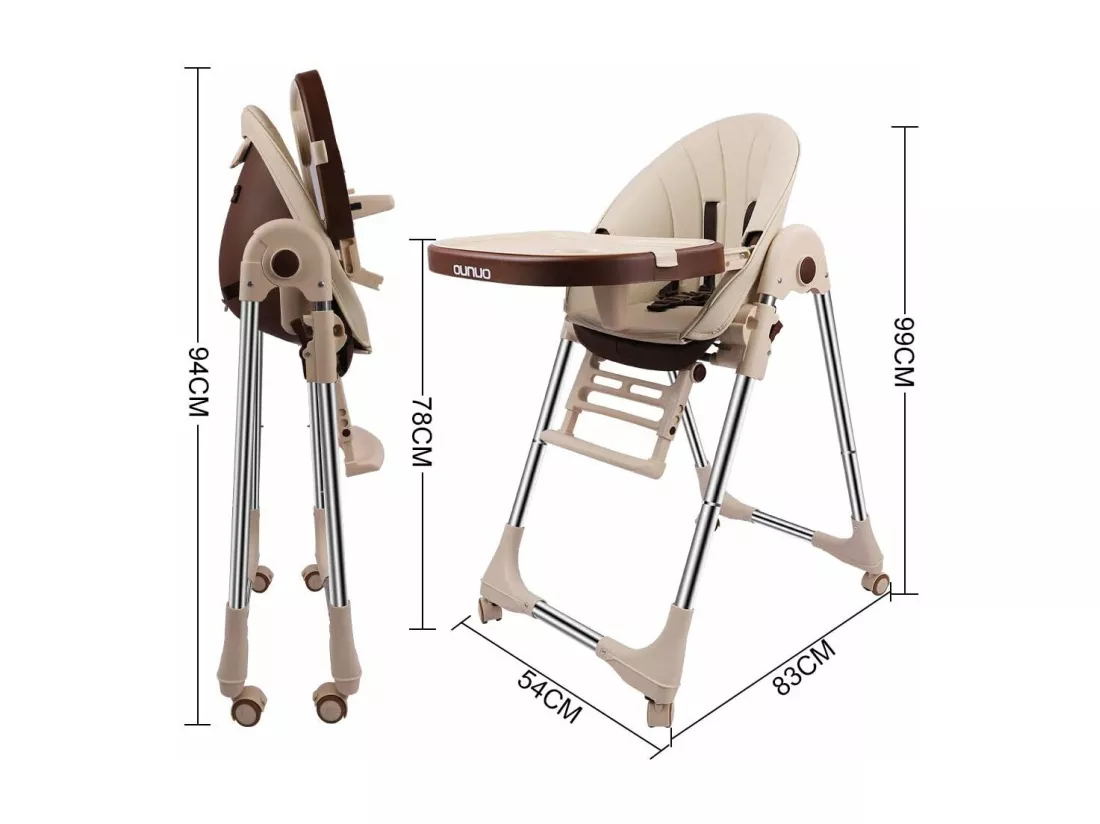Chaise Haute Bébé Pliable Evolutive, Chaise Haute Enfant Réglable, Nettoyage facile, Avec Roulettes, Beige/Jaune clair