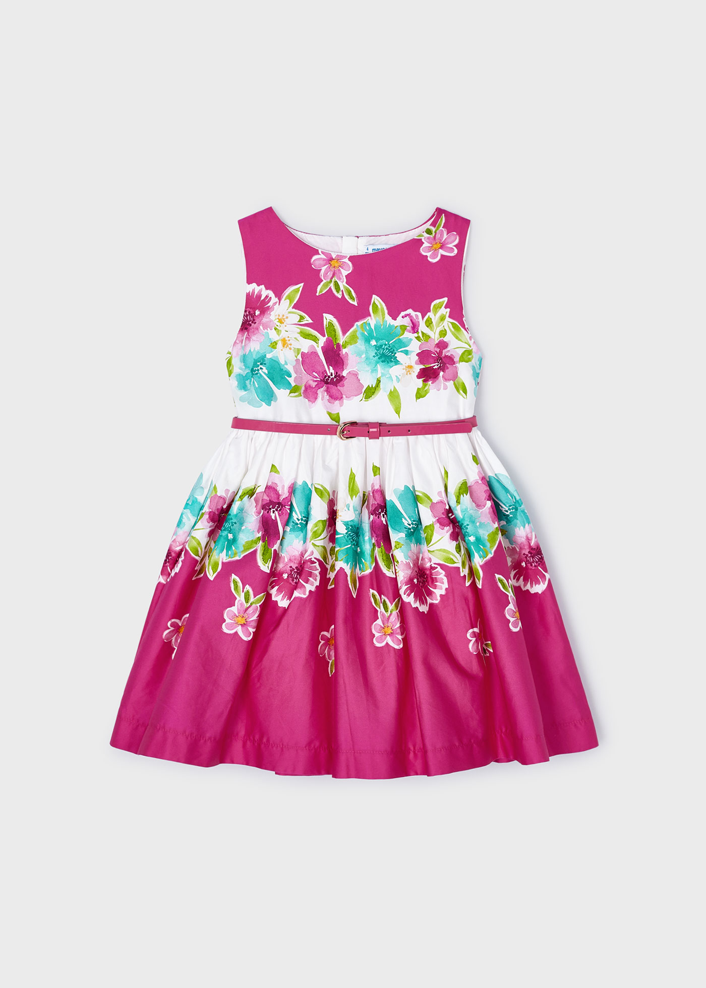 Vestido fúcsia de popeline com cinto para meninas