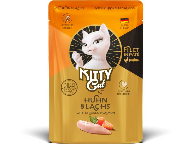 KITTY Cat Nassfutter Filét Paté Pouch Huhn, Lachs 85 g Alleinfuttermittel für ausgewachsene Katzen
