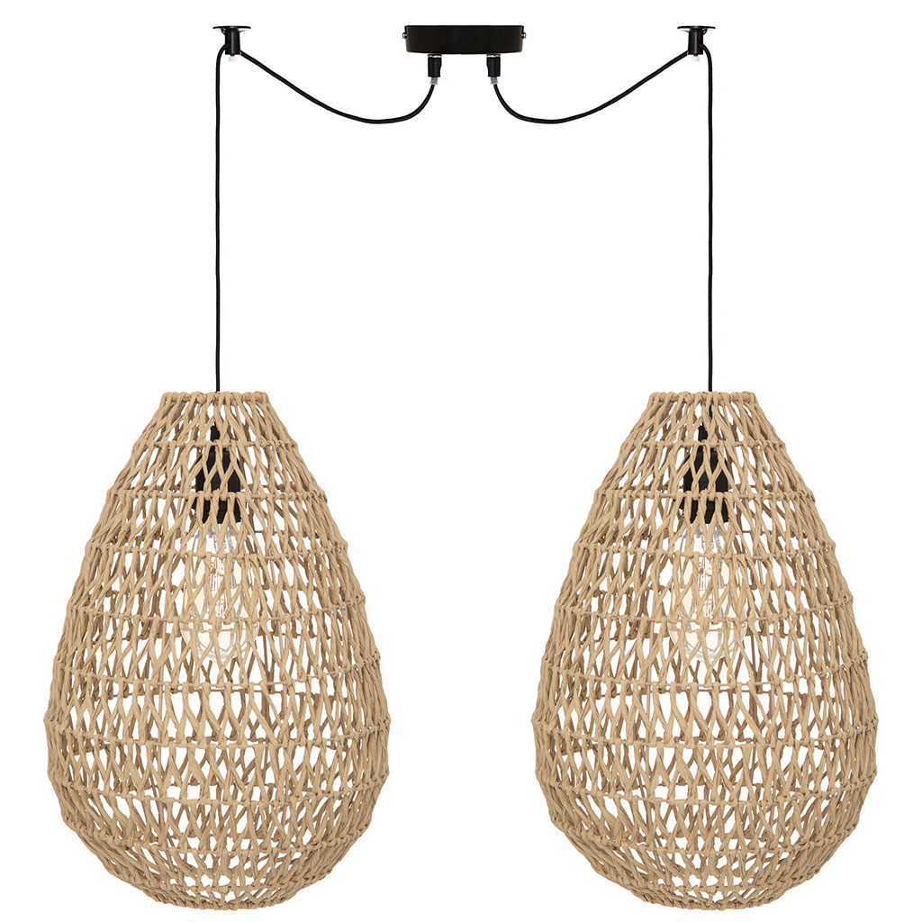 Suspension x2 ETEL en métal noir et rotin  D 28cm