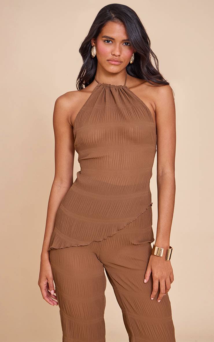 Chocolate Brown Ensemble Haut Long Asymétrique Dos Nu En Tissu Transparent Texturé