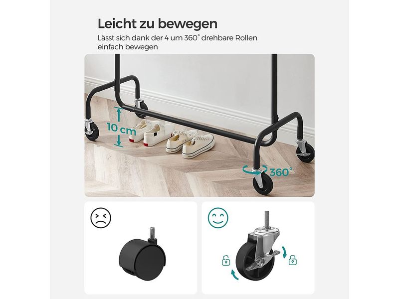 Songmics Kleiderständer 160 cm, Schwarz Schwerlast Kleiderständer auf Rollen mit einer statischen Belastbarkeit von 136 kg