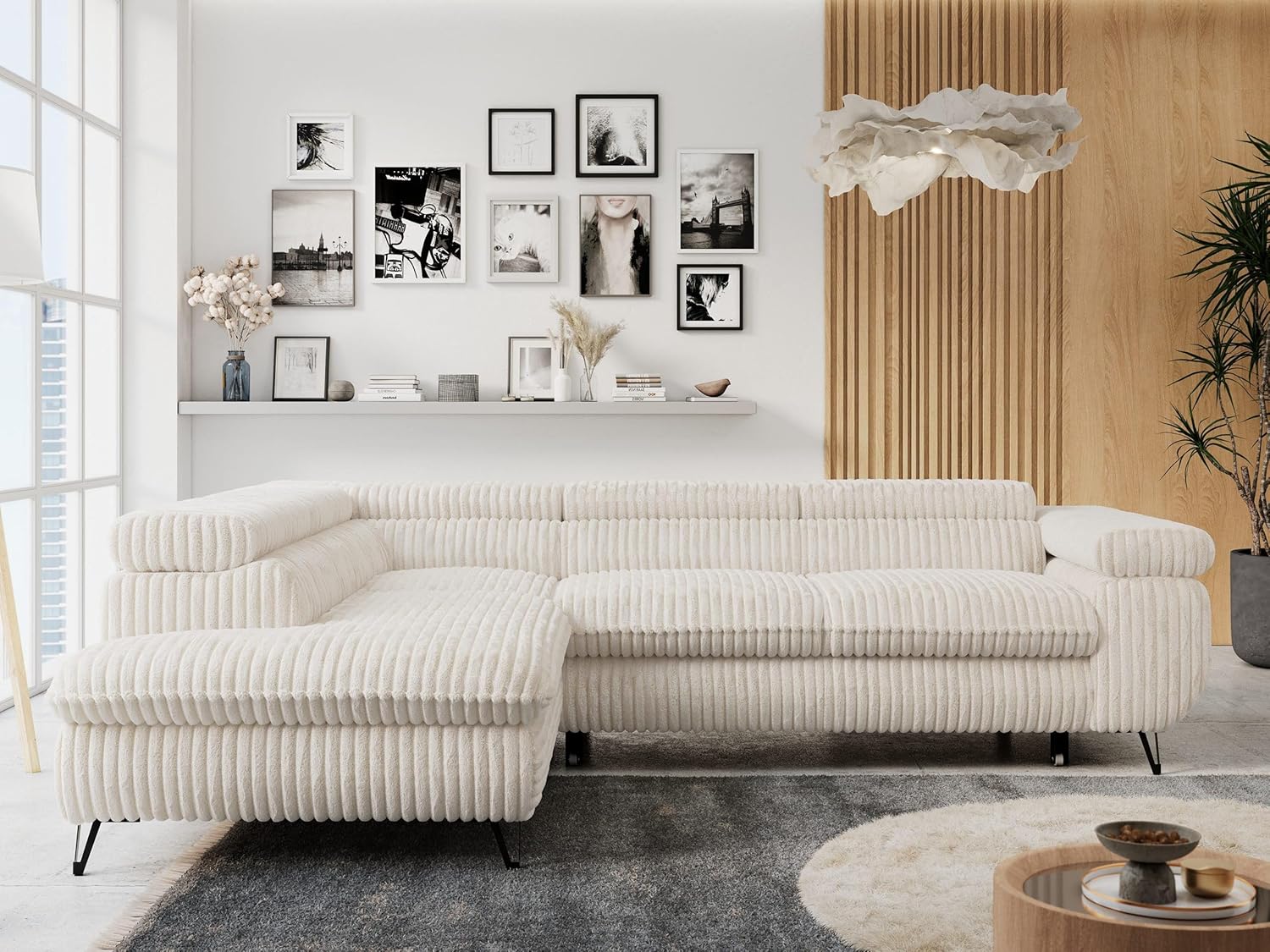 MKS MEBLE Ecksofa Wohnlandschaft L-Form mit Schlaffunktion und Bettkasten, Schlafsofa mit Bettkasten, Sofa mit Einstellbare Kopfstützen, Peter L - Cord - Links Beige