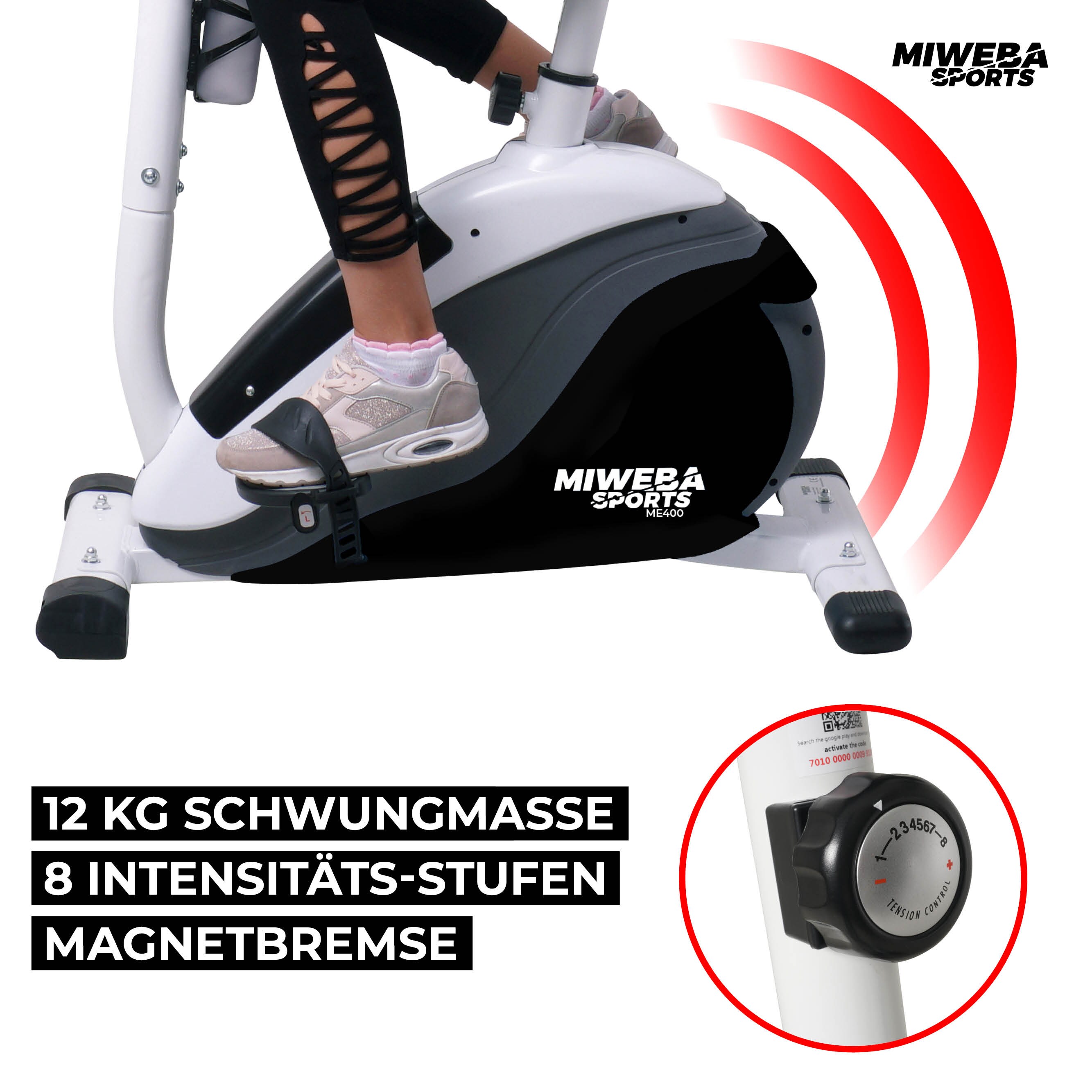 Miweba Sports Ergometer ME400, Fahrradergometer für zuhause, sitzend, 12 kg Schwungmasse (Schwarz Weiß)
