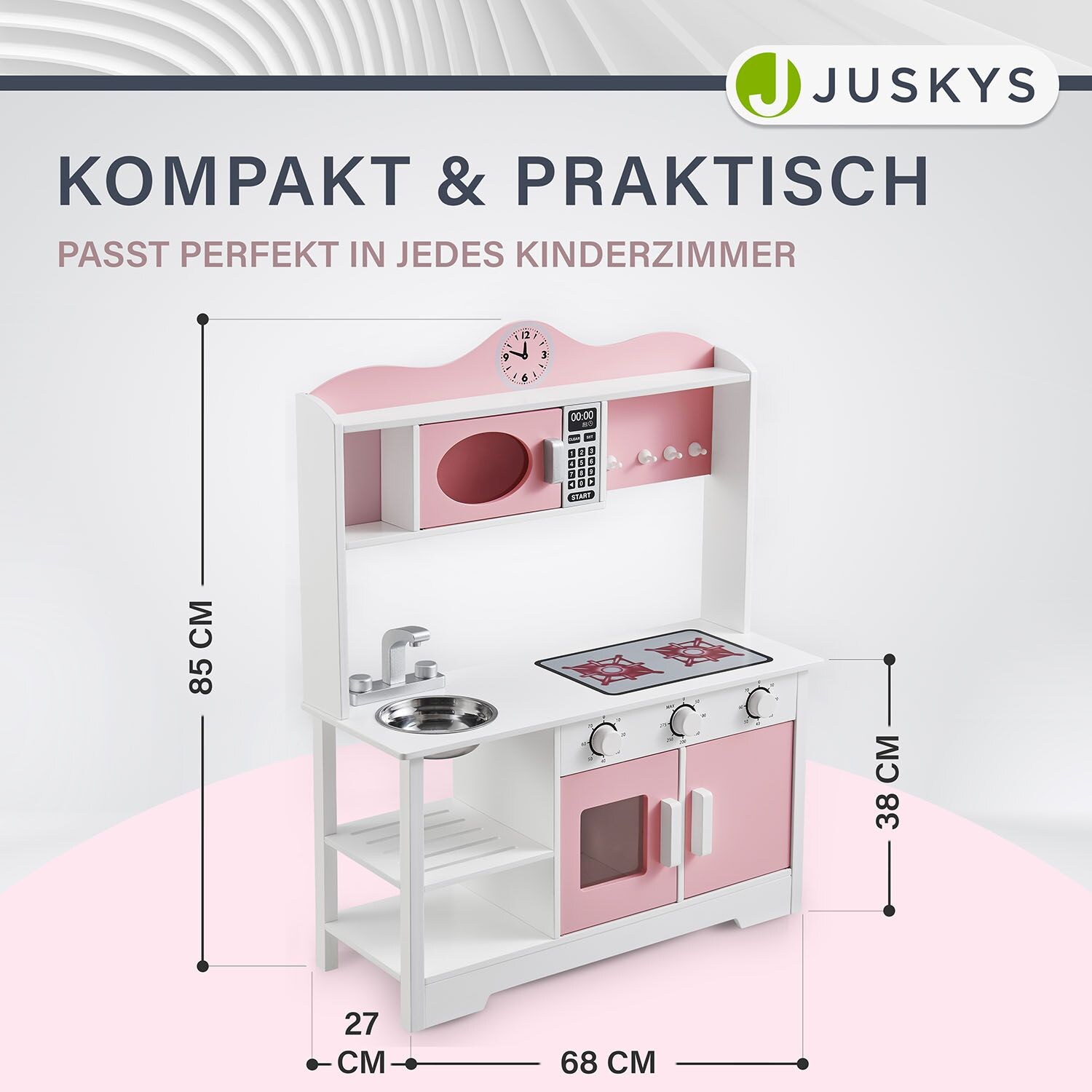 Juskys Kinderküche Jona - Spielküche mit Zubehör - Holz Spielzeug - Küche für Kinder - Weiß Rosa